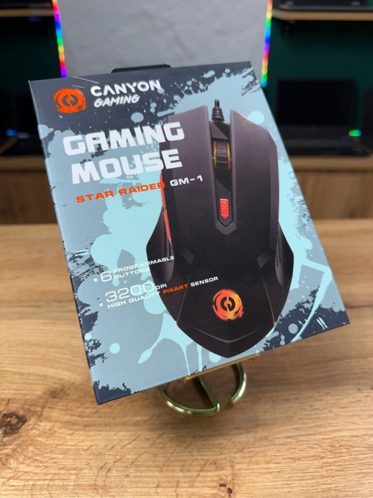 Canyon Gaming Star Raider GM-1 — дротова ігрова миша з RGB-підсвічуванням, 6 програмованими кнопками, сенсором PixArt та DPI до 3200.