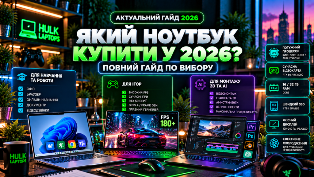 Який ноутбук купити у 2026 році — вибір ноутбука для роботи, навчання, ігор, монтажу, 3D та штучного інтелекту
