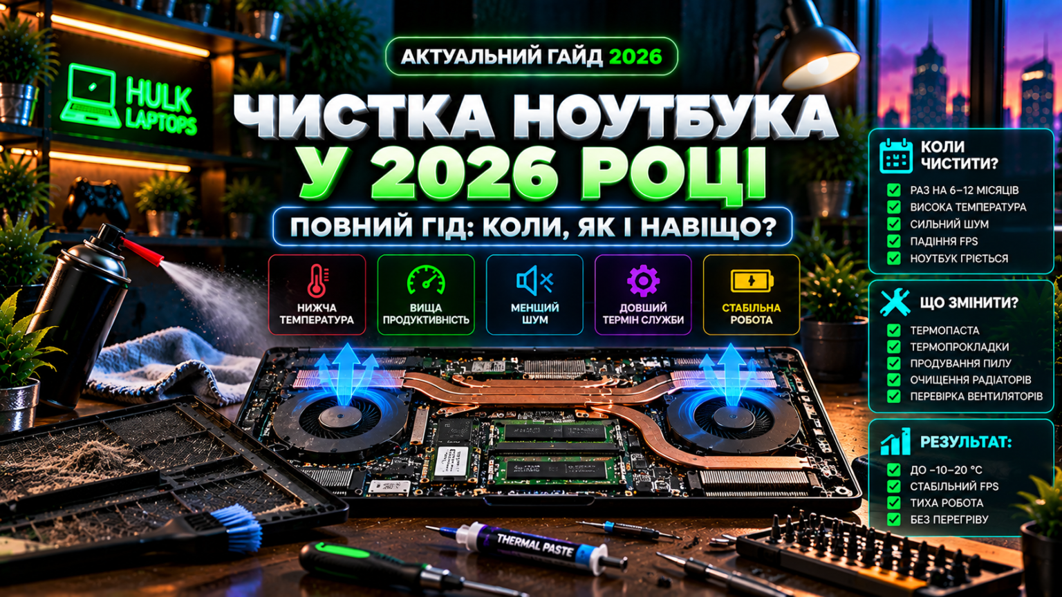 Чистка ноутбука у 2026 році — очищення системи охолодження від пилу, заміна термопасти та профілактика перегрівання ноутбука
