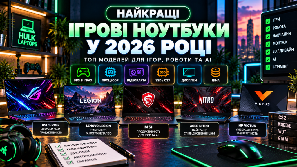 Ігрові ноутбуки 2026 року для ігор, роботи, навчання, 3D, AI та стримінгу