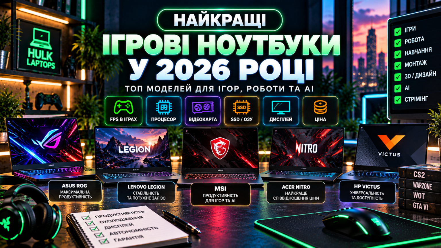 Ігрові ноутбуки 2026 року для ігор, роботи, навчання, 3D, AI та стримінгу