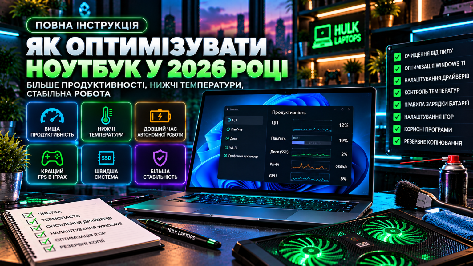 Оптимізація ноутбука у 2026 році — прискорення Windows 11, контроль температур, очищення системи та підвищення продуктивності