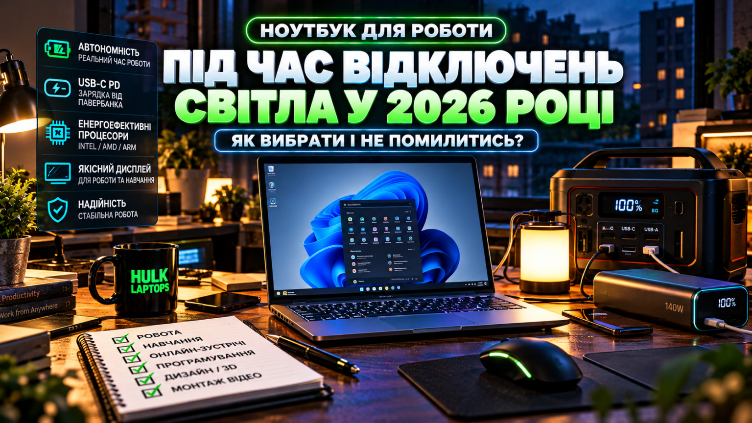 Автономний ноутбук для роботи під час відключень світла у 2026 році, павербанк USB-C та домашнє робоче місце