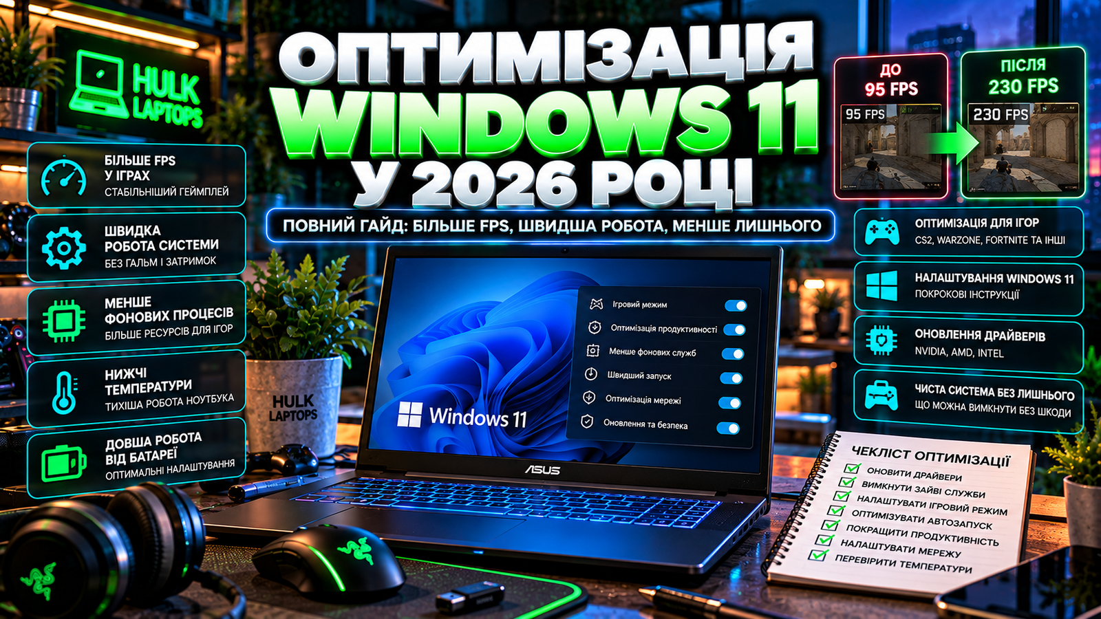 Оптимізація Windows 11 для ігор у 2026 році — налаштування FPS, драйверів, ігрового режиму та продуктивності ноутбука